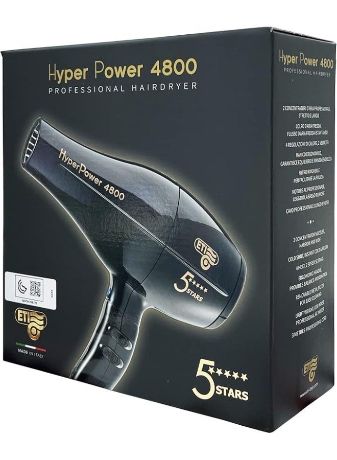 ETI Salon Professional Hair Dryer Hyper Power 4800 Black, Blow Dryer 2200-2600Watt - Made in Italy - Image 3
