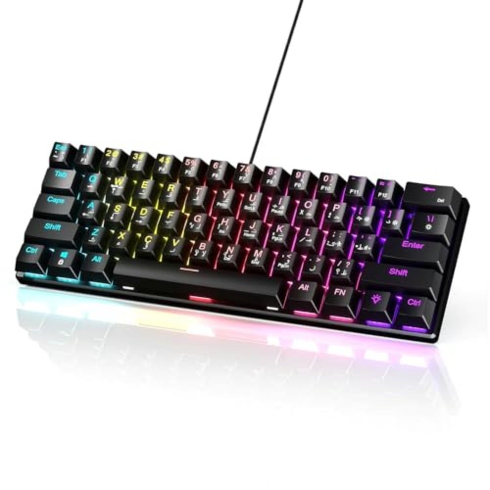 61-Key Mechanical Keyboard with English and Arabic Bilingual Keycaps Blue Axis Switches 17-Color RGB Lighting Adjustment Compact Wired Design Compatible with PC and Mac Esports Gaming Portable Keyboard - Black