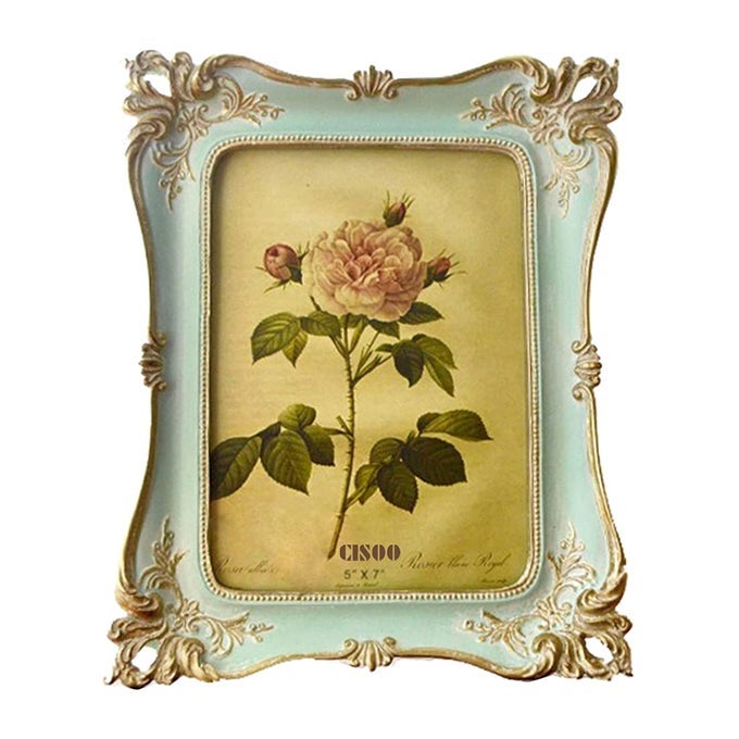 CISOO 5x7 Vintage Picture Frame Antique Ornate Blue Photo Frame for Table Top and Wall Display Decorative Floral Design Retro Home Decor Photo Gallery Art