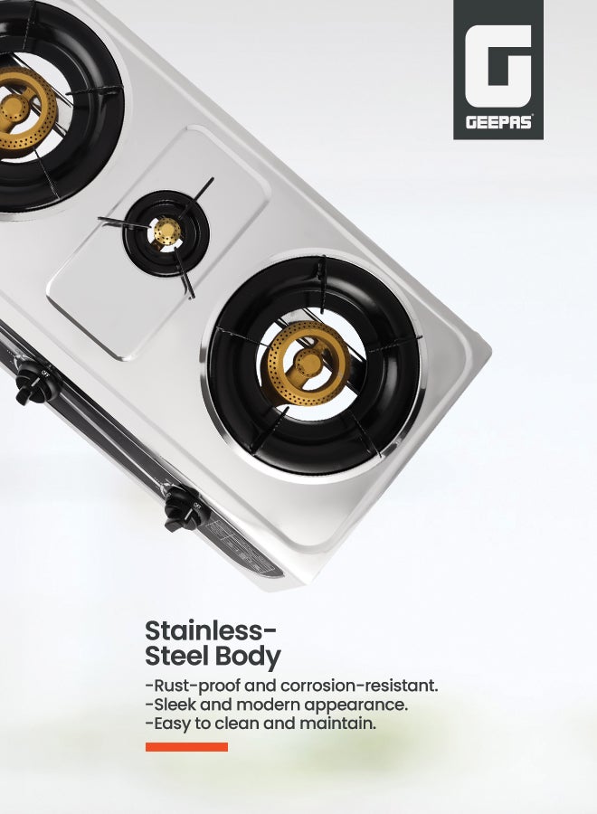GEEPAS Gas Cooker, 3 Energy Efficient Burners With Heavy Cast Iron Mixing Tube| Low Gas Consumption And Saves 60% Gas| Auto Ignition System, LPG Gas Stove| Perfect For Home, Restaurants, Apartments GK6857 Silver - Image 3
