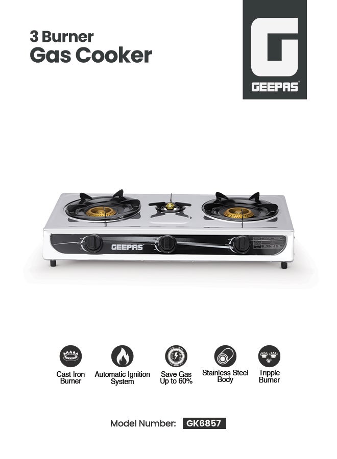 GEEPAS Gas Cooker, 3 Energy Efficient Burners With Heavy Cast Iron Mixing Tube| Low Gas Consumption And Saves 60% Gas| Auto Ignition System, LPG Gas Stove| Perfect For Home, Restaurants, Apartments GK6857 Silver - Image 1
