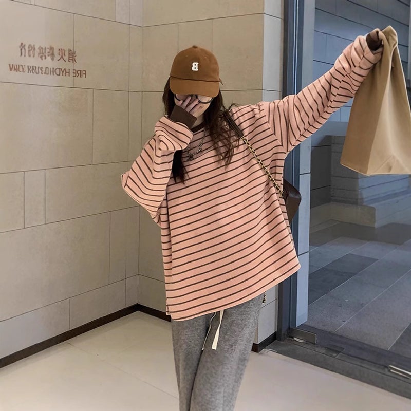 Cross-border Pink Striped Long-sleeved T-shirt Loose Inner 2024 Autumn New Thin Sweatshirt Student All-match Top Picture color
