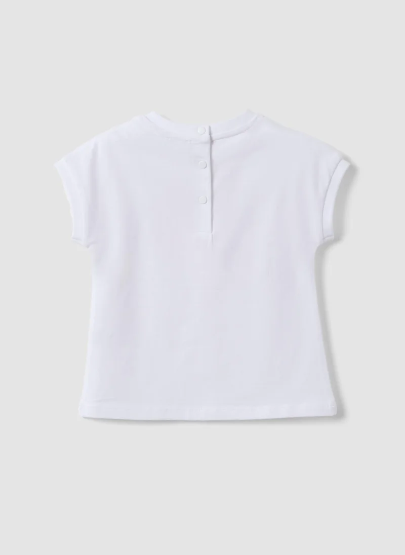 او في اس OVS Girls' White Stretch Cotton T-Shirt Regular Fit With Embroidery