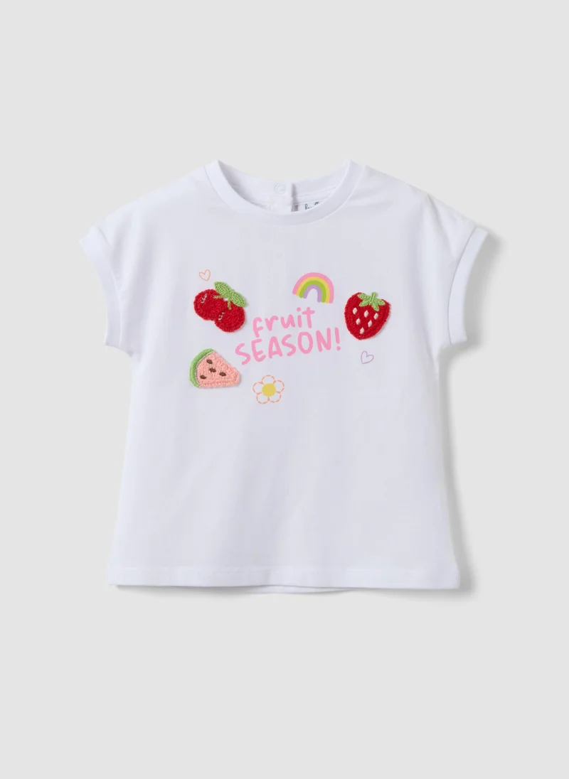 او في اس OVS Girls' White Stretch Cotton T-Shirt Regular Fit With Embroidery