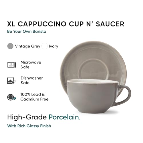 Shay Cappuccino Cup Saucer Set, Grey, 320ml | Cappuccino Cup | Glossy Finish | Large Ceramic Coffee Cup | Premium Ceramic Coffee Cup | Microwave Safe (XL Cup Saucer - Grey Ivory) - Image 3