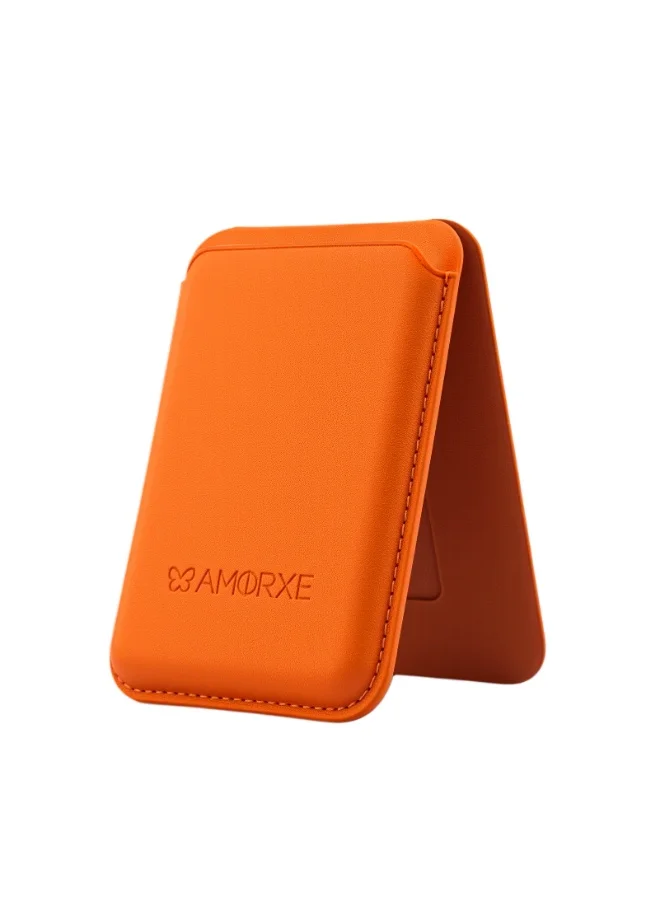أﻣورﻛس محفظة وحامل بطاقات Amorxe MagSafe مع حامل، مغناطيس N52 قوي، تصميم جلدي نحيف، مشبك زنبركي يحمل 1-3 بطاقات بشكل آمن، متوافق مع سلسلة iPhone 17/16/15/14/13/12 (وليس 12/13 Mini)، برتقالي