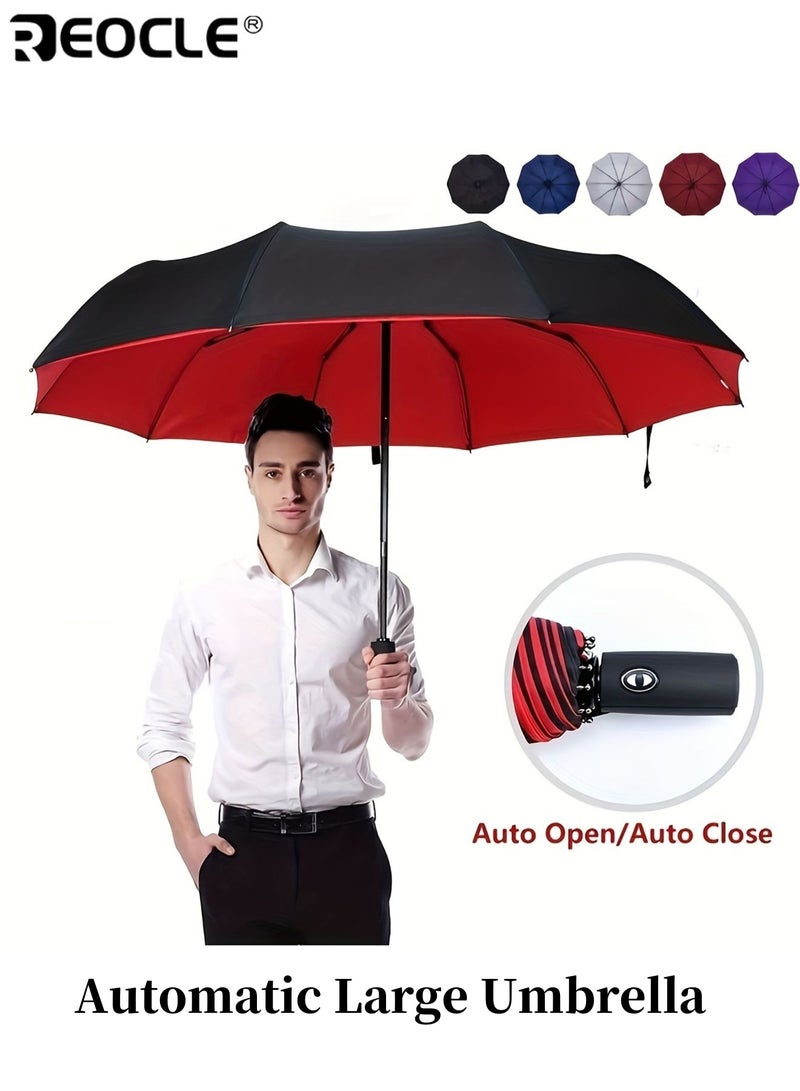 ريوكل للجنسين 10 أضلاع أوتوماتيكية ثلاثية الطيات مظلة كبيرة فينيل صامد للرياح تصميم مقوى سميك متين قوي مقاوم للماء غسالة سريعة التجفيف آمنة للاستخدام اليومي التنقل في الهواء الطلق المشي لمسافات طويلة التخييم رحلات عمل مثالية للبالغين العمال المسافرين سهل التشغيل جودة عالية للرجال للنساء للبالغين - Image 1