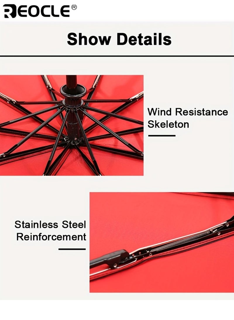 ريوكل للجنسين 10 أضلاع أوتوماتيكية ثلاثية الطيات مظلة كبيرة فينيل صامد للرياح تصميم مقوى سميك متين قوي مقاوم للماء غسالة سريعة التجفيف آمنة للاستخدام اليومي التنقل في الهواء الطلق المشي لمسافات طويلة التخييم رحلات عمل مثالية للبالغين العمال المسافرين سهل التشغيل جودة عالية للرجال للنساء للبالغين - Image 5