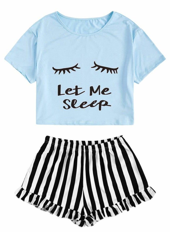 WDIRARA Women's Sleepwear Closed Eyes Print Tee and Shorts Cute Pajama Set, Light Blue, S - Image 1