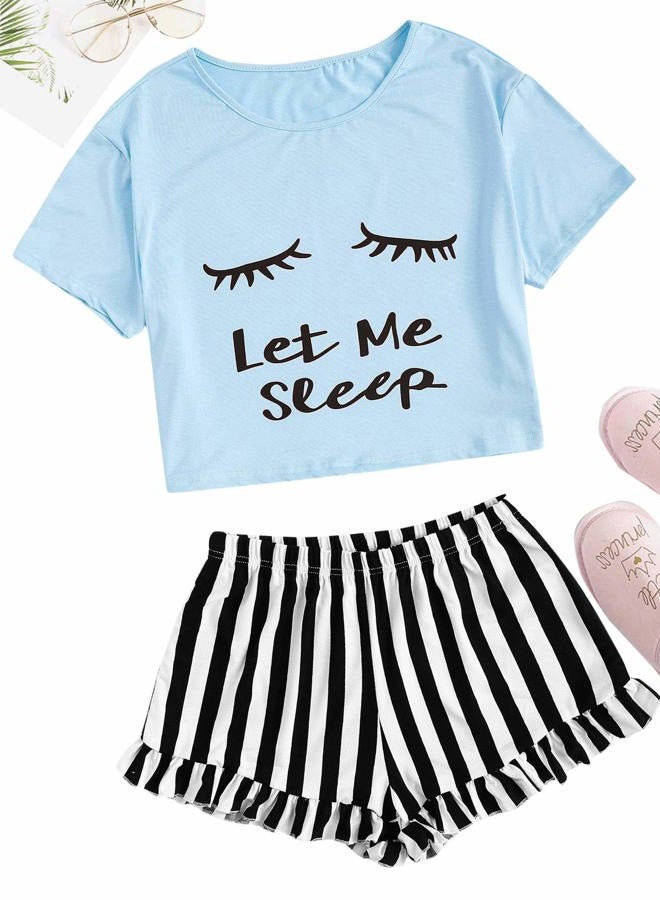WDIRARA Women's Sleepwear Closed Eyes Print Tee and Shorts Cute Pajama Set, Light Blue, S - Image 3