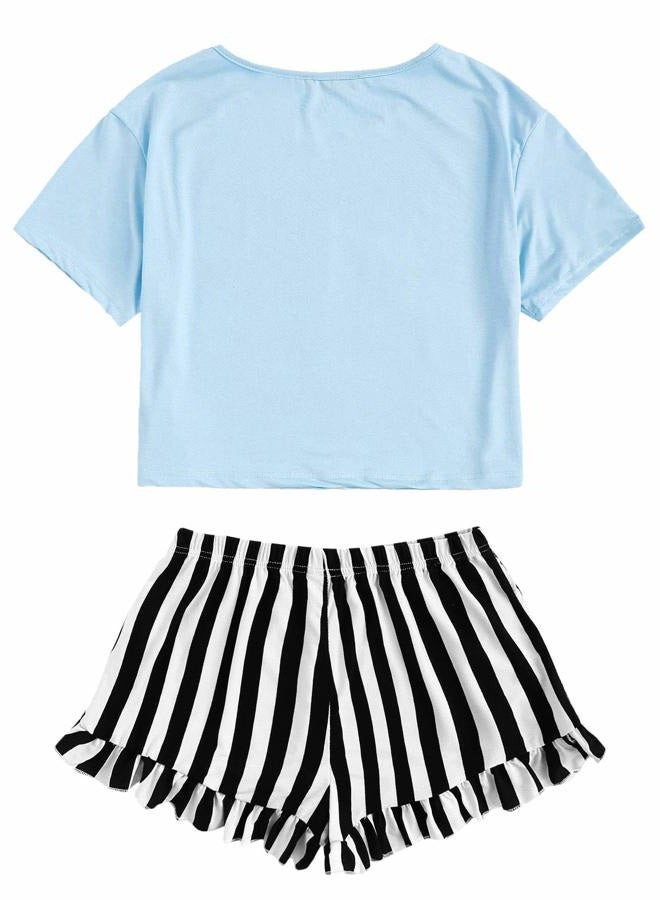 WDIRARA Women's Sleepwear Closed Eyes Print Tee and Shorts Cute Pajama Set, Light Blue, S - Image 4