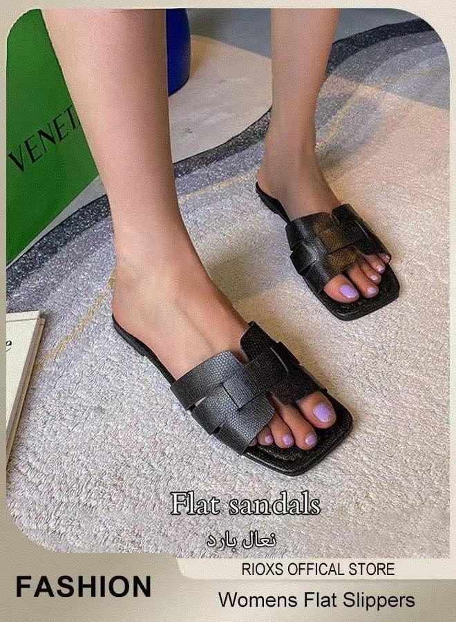 Women's Black PU Leather Flat Sandals, Square Open Toe Cross Strappy Slides - Image 2