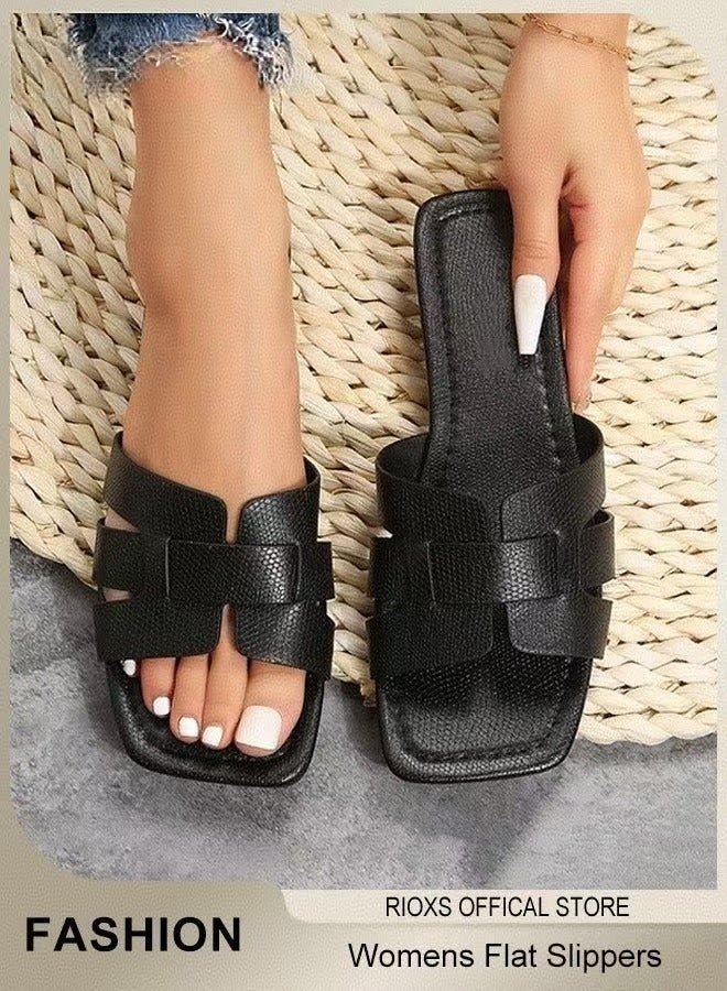 Women's Black PU Leather Flat Sandals, Square Open Toe Cross Strappy Slides - Image 3