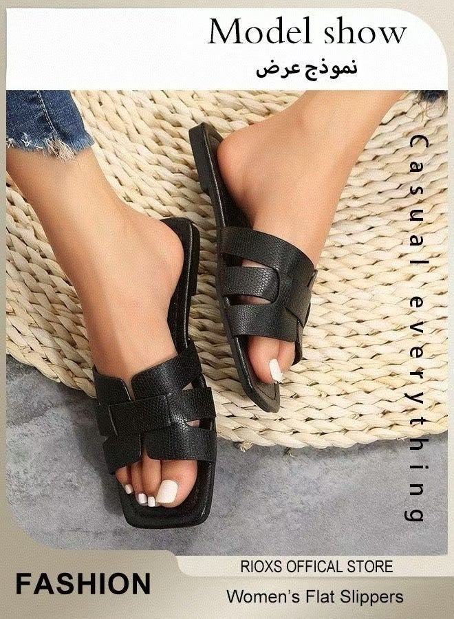 Women's Black PU Leather Flat Sandals, Square Open Toe Cross Strappy Slides - Image 5