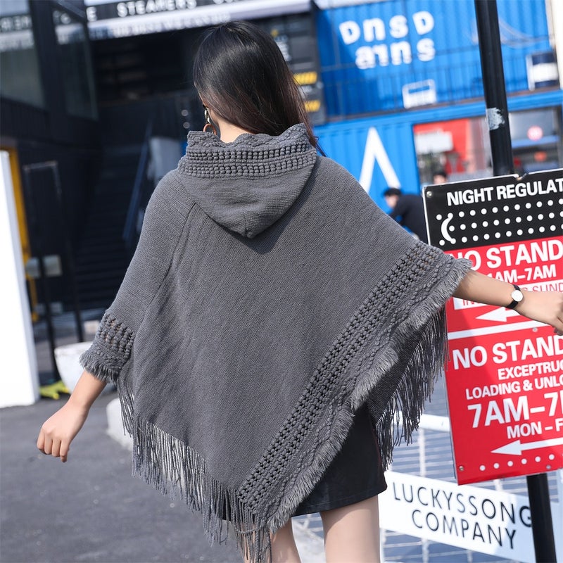 Women's Hooded Cape Poncho with Hollow-Out Tassel Design, Loose Fit, Plus Size, Street Style
