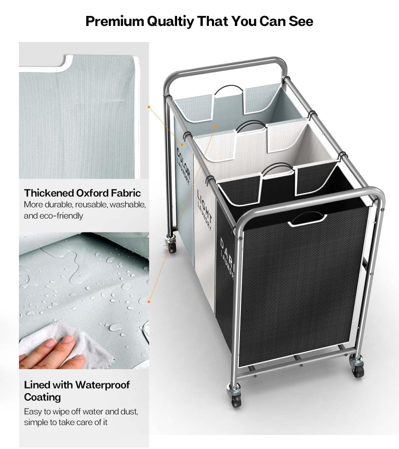 ROMOON Laundry Sorter Hamper 3 Section, Divided Laundry Basket Organizer with Heavy Duty Lockable Wheels and Removable Bags, Rolling Clothes Hamper for Apartment, Dorm & Family (130L Multicolor) - Image 5