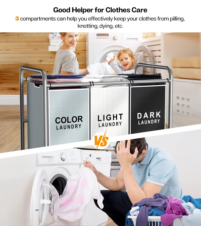 ROMOON Laundry Sorter Hamper 3 Section, Divided Laundry Basket Organizer with Heavy Duty Lockable Wheels and Removable Bags, Rolling Clothes Hamper for Apartment, Dorm & Family (130L Multicolor) - Image 4