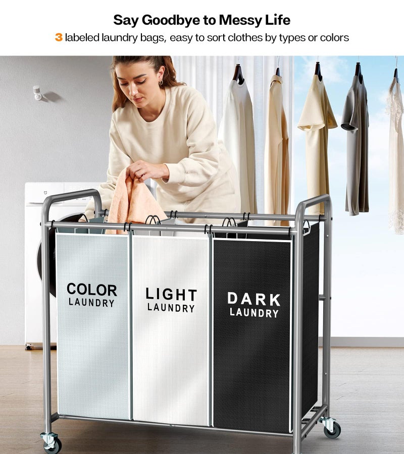 ROMOON Laundry Sorter Hamper 3 Section, Divided Laundry Basket Organizer with Heavy Duty Lockable Wheels and Removable Bags, Rolling Clothes Hamper for Apartment, Dorm & Family (130L Multicolor) - Image 3