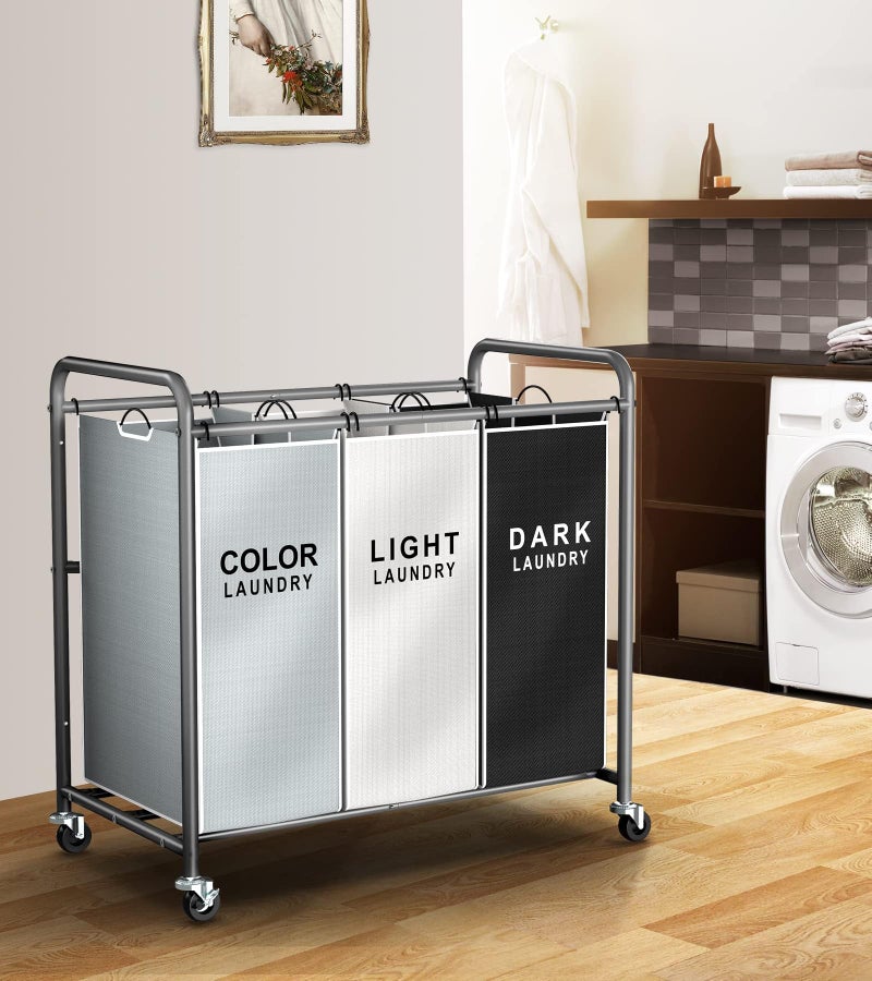 ROMOON Laundry Sorter Hamper 3 Section, Divided Laundry Basket Organizer with Heavy Duty Lockable Wheels and Removable Bags, Rolling Clothes Hamper for Apartment, Dorm & Family (130L Multicolor) - Image 2