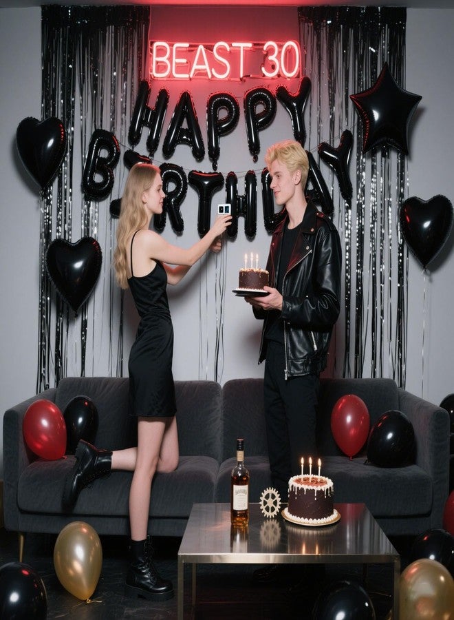 WEIKA 29 Pcs Black Birthday Party Decorations - Happy Birthday Balloons Banner, Heart & Star Foil Balloon, Confetti & Latex Balloons, Foil Fringe Curtains Party Supplies for Men - Image 3