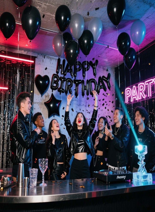 WEIKA 29 Pcs Black Birthday Party Decorations - Happy Birthday Balloons Banner, Heart & Star Foil Balloon, Confetti & Latex Balloons, Foil Fringe Curtains Party Supplies for Men - Image 4