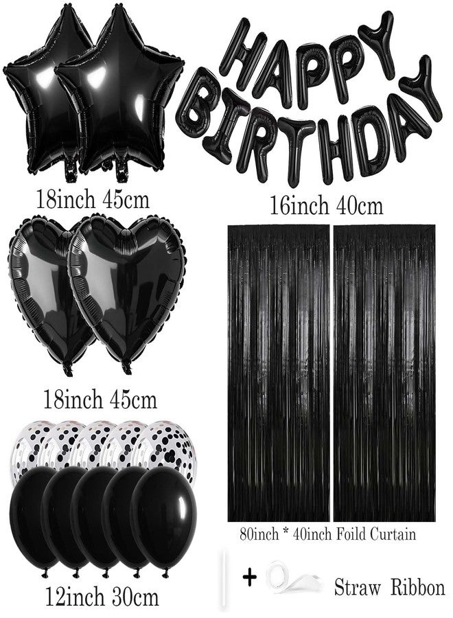 WEIKA 29 Pcs Black Birthday Party Decorations - Happy Birthday Balloons Banner, Heart & Star Foil Balloon, Confetti & Latex Balloons, Foil Fringe Curtains Party Supplies for Men - Image 2