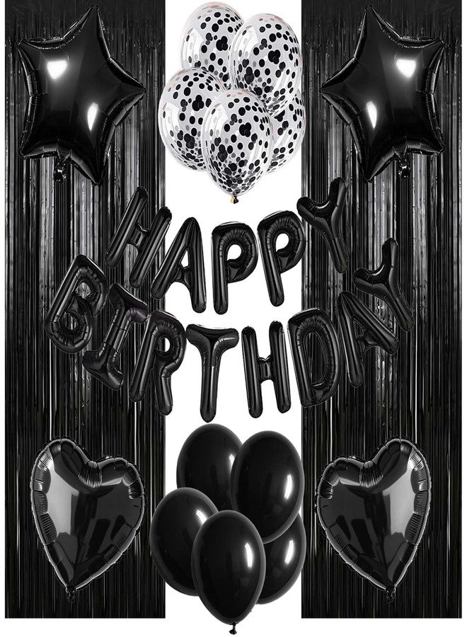 WEIKA 29 Pcs Black Birthday Party Decorations - Happy Birthday Balloons Banner, Heart & Star Foil Balloon, Confetti & Latex Balloons, Foil Fringe Curtains Party Supplies for Men - Image 1