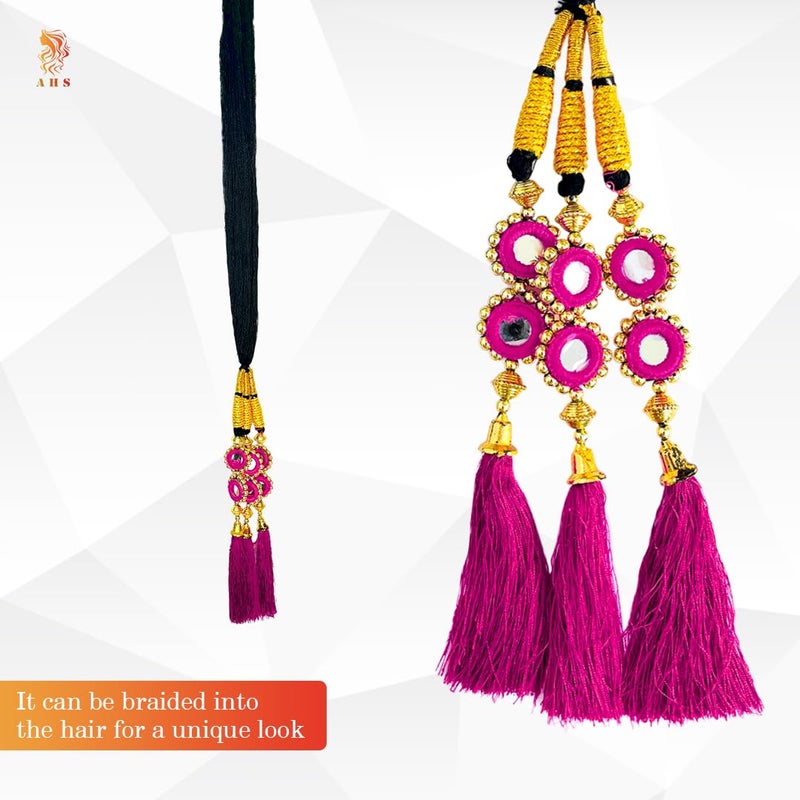AHS Punjabi Paranda for Women, Long Braid Hair Extension | Pink Tassels Traditional Parandi Choti Hair Accessory for Patiala & Wedding - Image 2