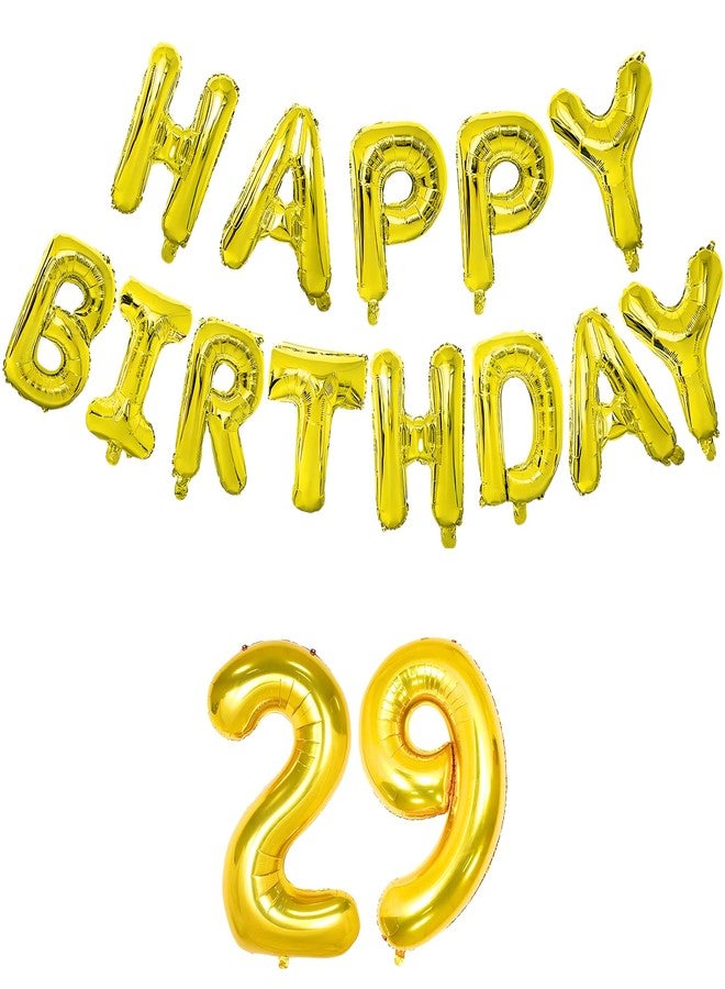Flyloons 29th Golden Colour Happy Birthday Foil Balloon Banner Set for 29 Year Boys Men Women|with Number Twenty-nine|13 Letters Reusable Happy Birthday Metallic Foil Balloons Decoration Kit, 15 Pcs - Image 1