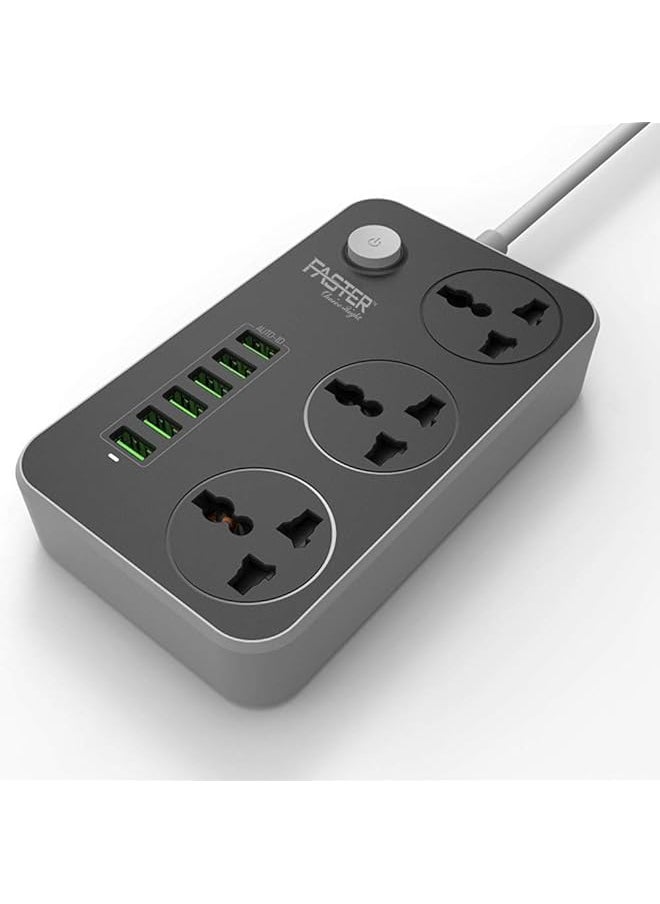 Faster Faster FUS-630 Power Strip Extension Cord- 3 Outlets Power Socket Extension Cable with 6 USB Ports (5V 3.4A 17W)- Universal Charging Socket Multi Plug Power Cord 2500W, 2M Bold Wire Extension Cords  - Image 1