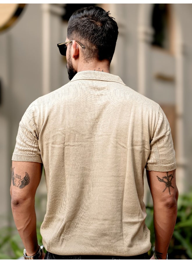 Maniac Mens Half Sleeve Beige PointNet Flat Knit Cotton Polo T-Shirt  - Image 5