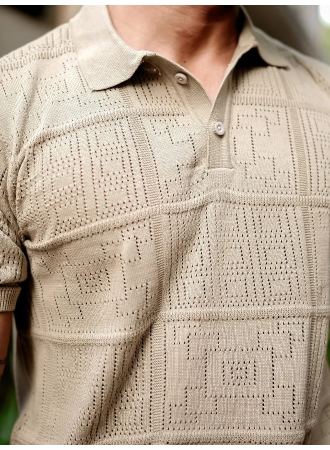Maniac Mens Half Sleeve Beige PointNet Flat Knit Cotton Polo T-Shirt