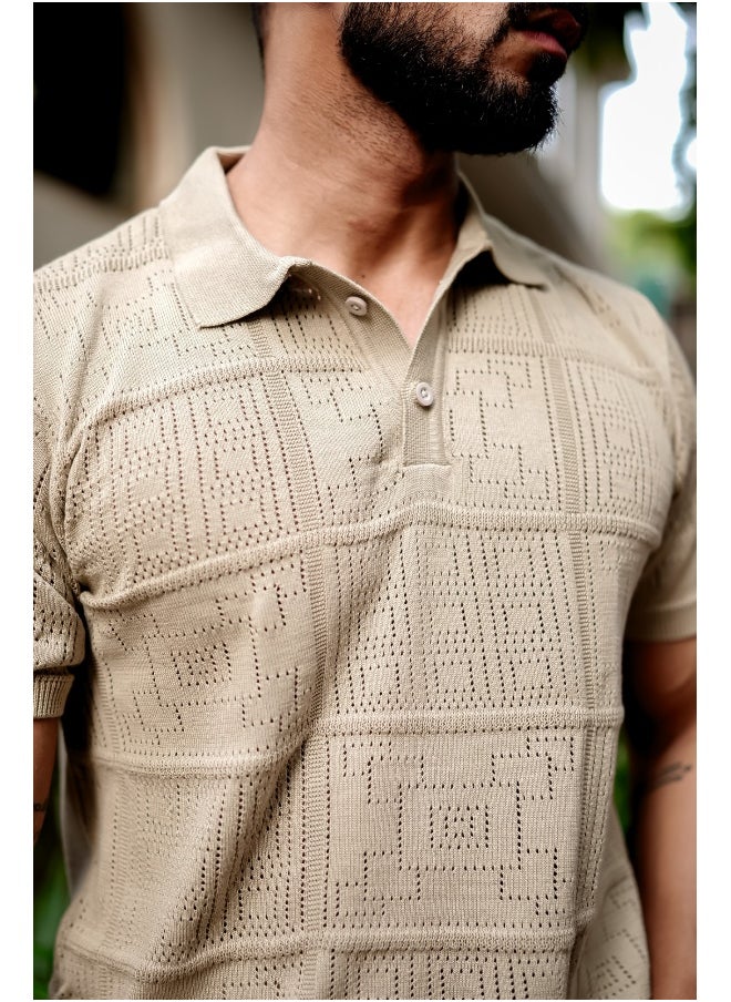 Maniac Mens Half Sleeve Beige PointNet Flat Knit Cotton Polo T-Shirt  - Image 4