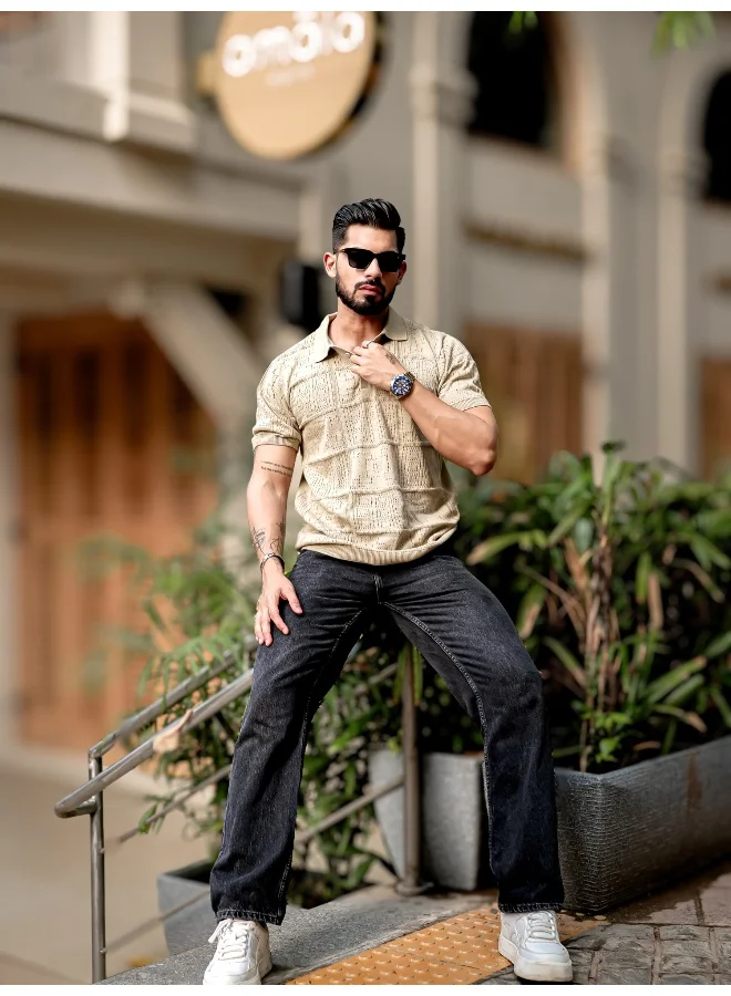 Maniac Mens Half Sleeve Beige PointNet Flat Knit Cotton Polo T-Shirt