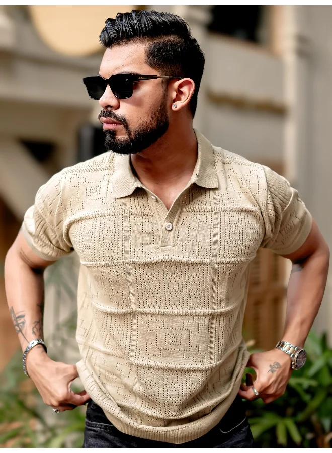 Maniac Mens Half Sleeve Beige PointNet Flat Knit Cotton Polo T-Shirt