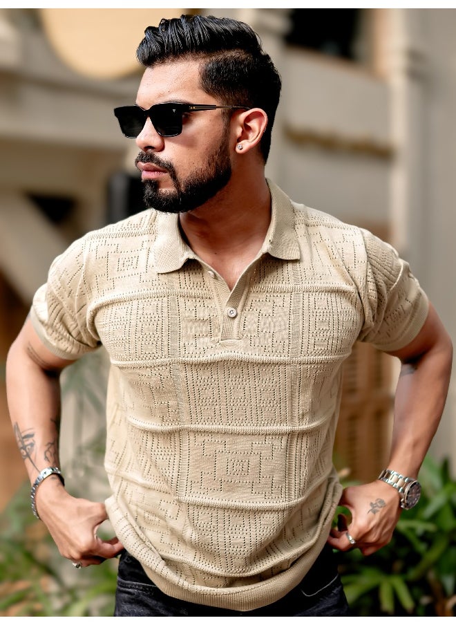 Maniac Mens Half Sleeve Beige PointNet Flat Knit Cotton Polo T-Shirt  - Image 3