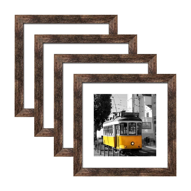 Picrit 11x11 Picture Frame Set of 4  Made of High Definition Real Glass  Display 8x8 with Mat or 11x11 Without Mat  Photo Frames for Wall Mounting Display  Brown - Image 1