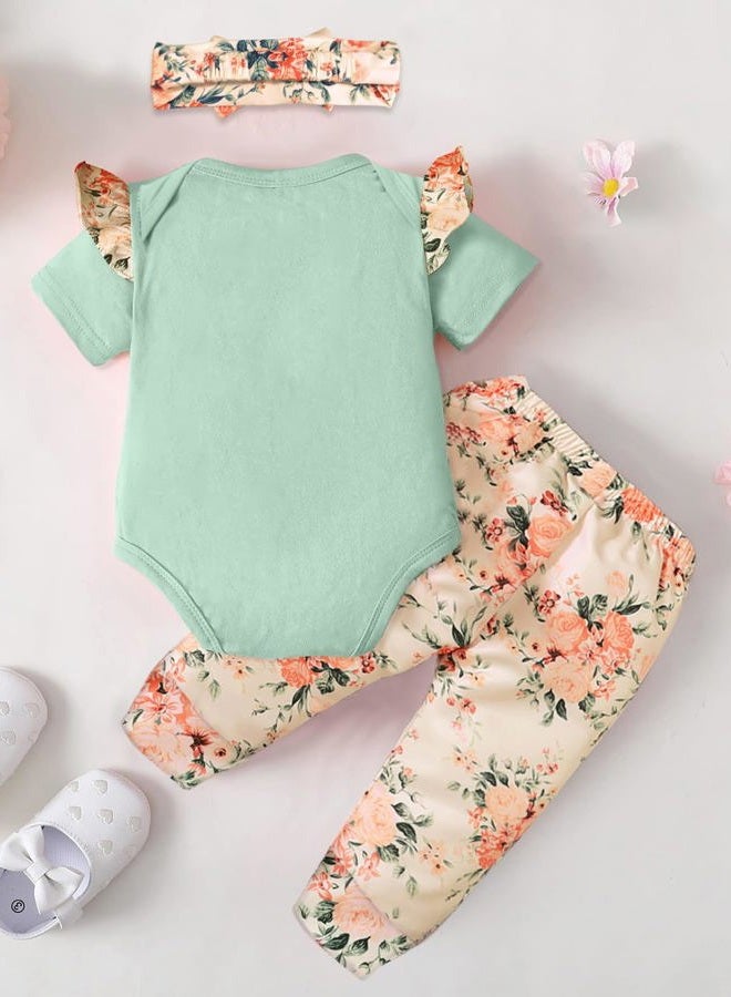 AMAWMW Baby Girl Clothes Set Daddys Little Girl Ruffle Romper Top Camouflage Pants Newborn Infant Baby Girl Outfit, Floral Green&beige, 3-6 Months - Image 3