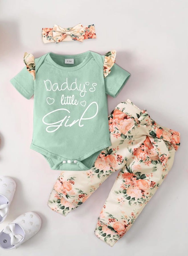 AMAWMW Baby Girl Clothes Set Daddys Little Girl Ruffle Romper Top Camouflage Pants Newborn Infant Baby Girl Outfit, Floral Green&beige, 3-6 Months - Image 2