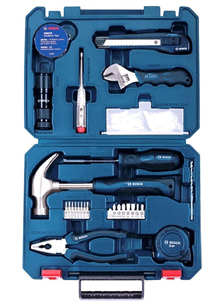 طقم أدوات يدوية (أزرق، 66 قطعة) – مجموعة متعددة الاستخدامات مع مطرقة، كماشة، قاطع، مصباح، مفتاح، رؤوس مفكات، رأس مثقاب، شريط، براغي والمزيد