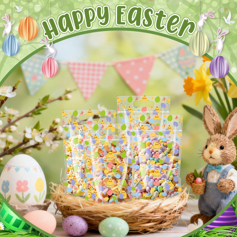 Engrowtic 100 Pcs Easter Treat Bags Reusable Easter Egg Zipper Bags Plastic Goodie Gift Bag Holiday Bag with Handles for Spring Party Favor Wrapping Supplies - Image 2