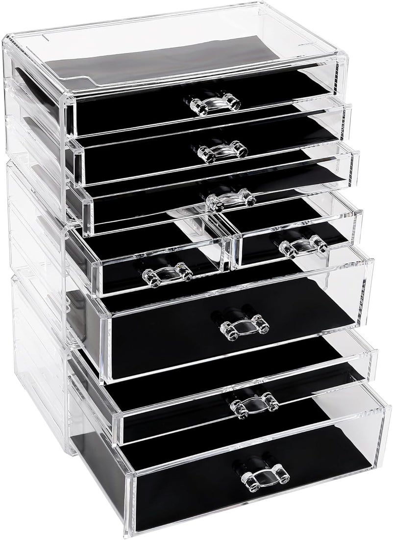 Sea Team Sea Team 3-Tier Stackable Clear Makeup Organizer with Drawers, Acrylic Plastic Cosmetic Display Case, Jewelry Storage Box, Holder for Dresser, Bathroom, Vanity, Countertop (8 Drawers) 