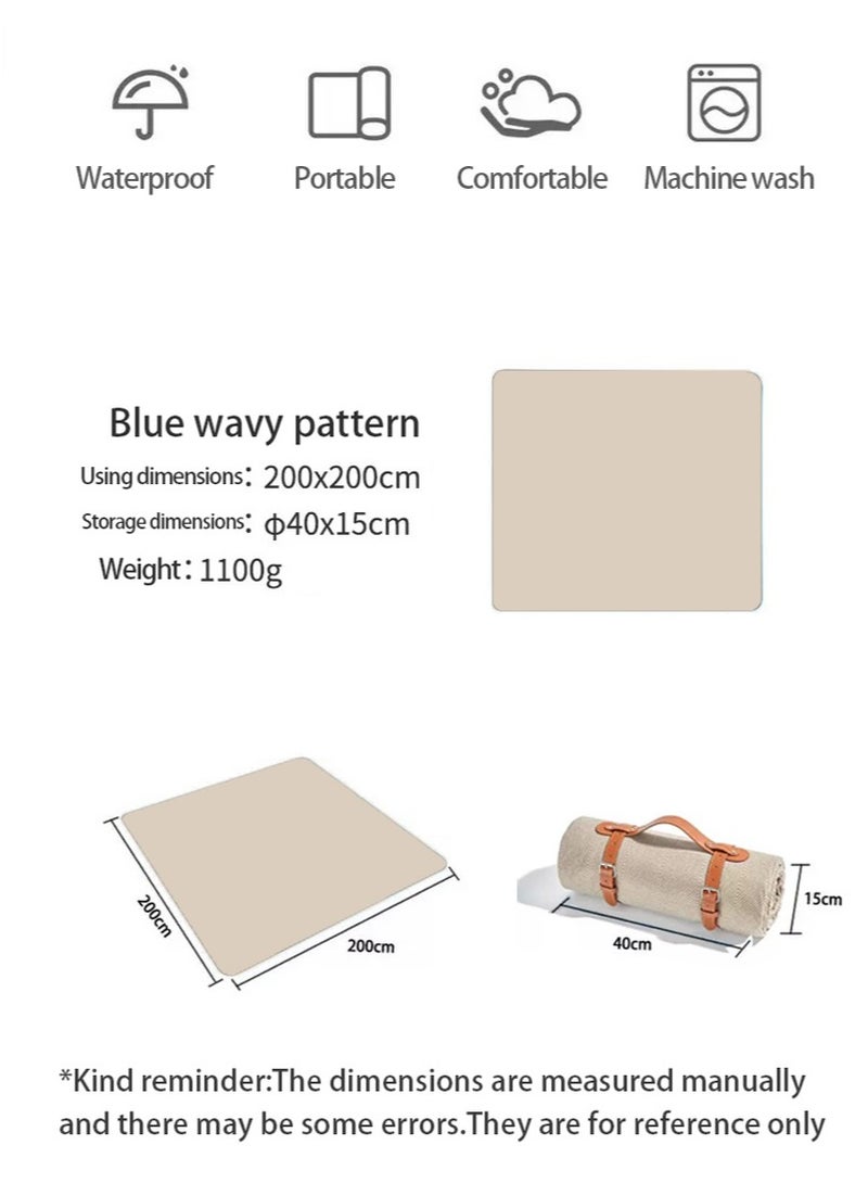 Manhua Large wave patterned picnic mat 200×200cm,three-layer thick waterproof beach mat,portable moisture-proof mat for outdoor camping/beach/family gatherings - Image 3