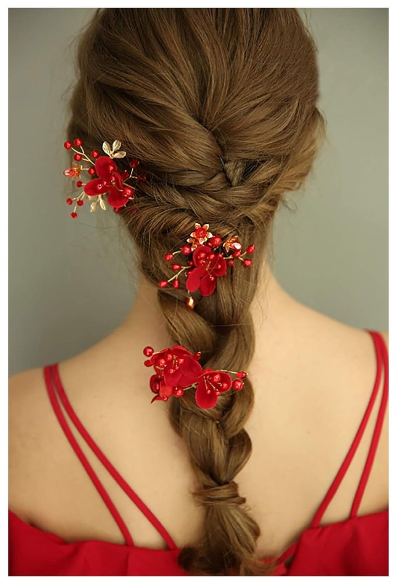 Chargances Set of 3pcs Red Hair Pins Bridal Flower Pearl Hair Pins Bridal Headpiece Crystal Hair Pin Wedding Hair Accessories Sparkle Boho Delicate Handmade Gold Jewelry Gift for Women and Girls