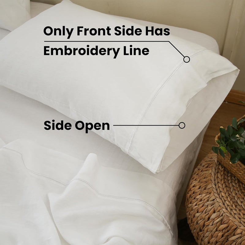King Linens 100% French Linen Pillowcases with Embroidery - Pack of 2 - Washed Solid Color Natural Flax Soft Breathable - White, 20'' x 40'' - Image 5