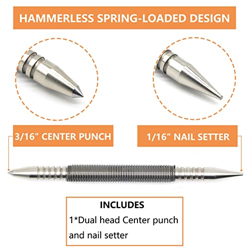 WHLLING 1/16″Dual Head Nail Setter and 3/16″Center Punch, 3500 PSI Striking Force Counter Punch Spring Nail Set - Image 2