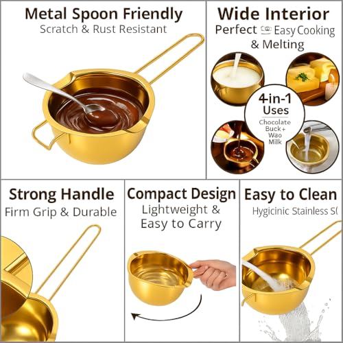 Snevad Stainless Steel Double Boiler Pot Chocolate Melting Bowl with Heat-Resistant Handle for Candy, Butter, Cheese, Caramel & Wax SUS304 Universal Milk Warmer Pot Candles, Soap (Golden) 400Ml - Image 5