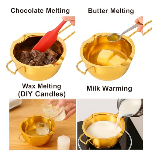 Snevad Stainless Steel Double Boiler Pot Chocolate Melting Bowl with Heat-Resistant Handle for Candy, Butter, Cheese, Caramel & Wax SUS304 Universal Milk Warmer Pot Candles, Soap (Golden) 400Ml - Image 3