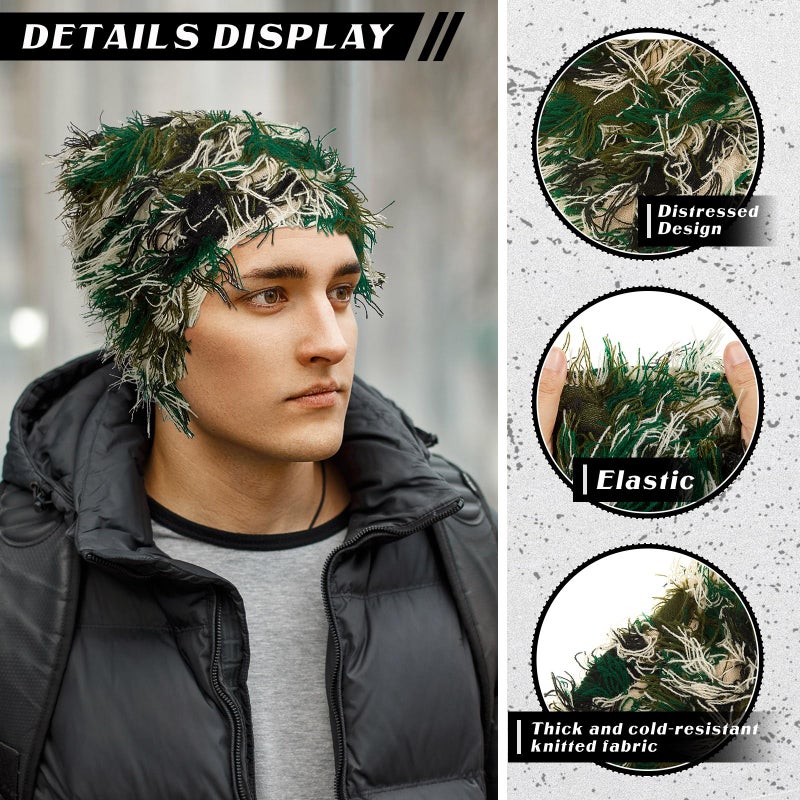 Chuarry Distressed Knitted Beanie Fuzzy Winter Hats Thick Warm Y2k Beanie Snow Knit Cap Skull for Women Men(Assorted Army Green,Regular Style) - Image 3
