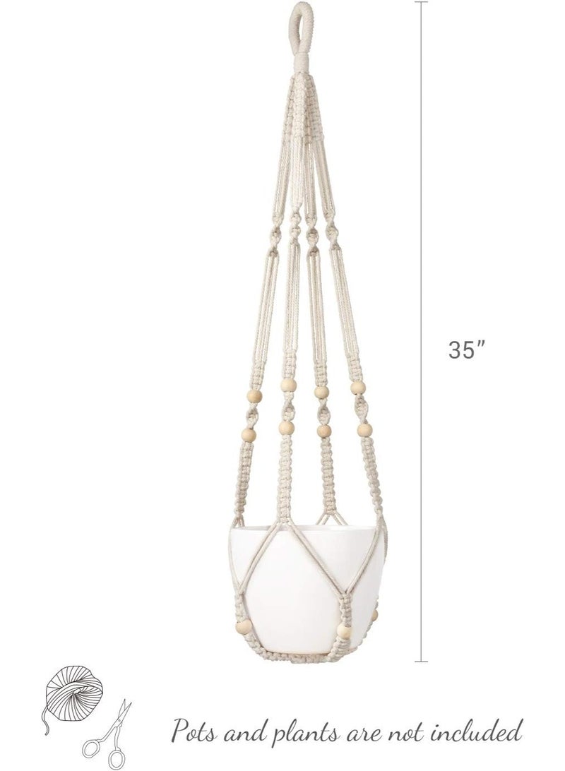Mkono Macrame Plant Hanger Indoor Hanging Planter Basket with Wood Beads Decorative Flower Pot Holder No Tassels for Indoor Outdoor Boho Home Decor 35 Inch, Ivory, Set of 1 (POTS NOT Included) - Image 3